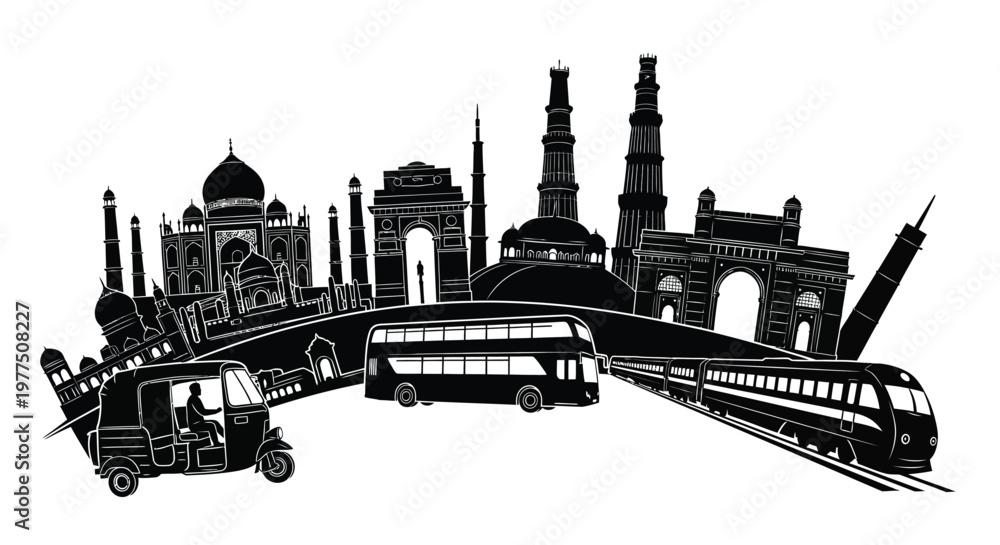 Obraz premium Indian landmarks and transportation in a striking black silhouette high quality