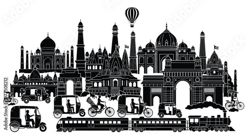 Indian landmarks and transportation in a detailed black silhouette high quality