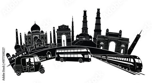 Indian landmarks and transportation in a striking black silhouette high quality