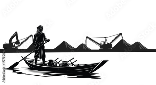 A boatman rows past industrial cranes and grain silos in a stark silhouette