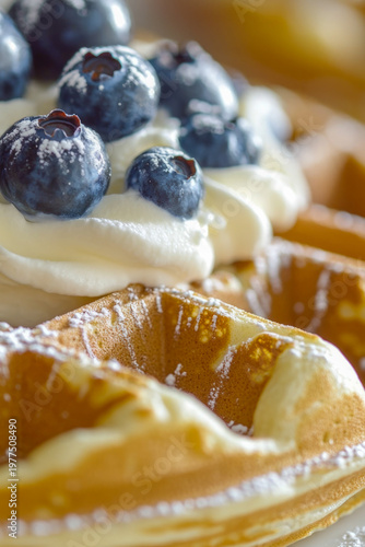 A delicious waffle topped with whipped cream and fresh blueberries, perfect for breakfast or brunch