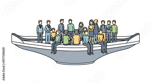 People standing on a spoon, illustration of crowd on kitchen utensil