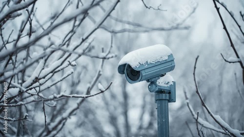 Outdoor security camera covered in snow on a pole surrounded by snow-covered branches in winter surveillance