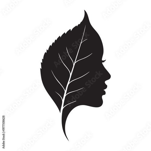 Title elegant silhouette woman's profile integrated with a delicate leaf design description a striking black silhouette combines a woman's facial profile with