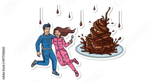 cartoon couple running from chocolate dessert splatter
