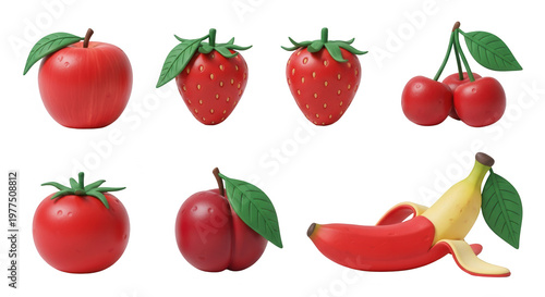 clay fruits display red apple strawberries cherries tomato plum and banana on white backdrop educational materials
