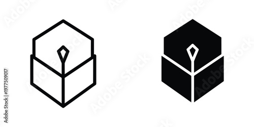 Contrasting geometric box icons with an internal leaf or diamond shape in white and black