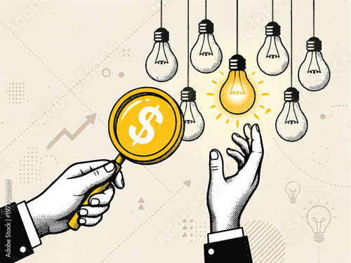 Hands holding magnifying glass with dollar sign and reaching for glowing light bulb  business concept of finding valuable ideas and financial gain