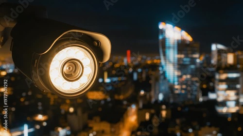Security camera with illuminated LE Ds in the foreground overlooking a blurred city skyline at night