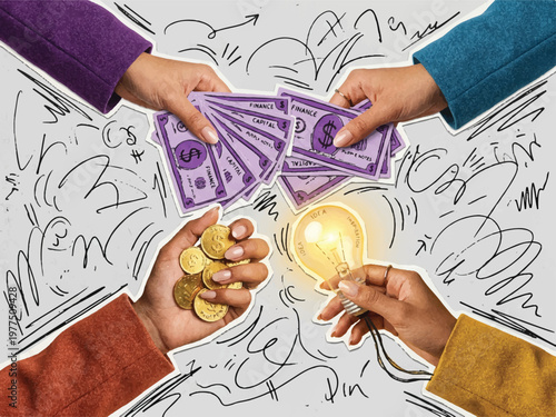 Hands holding money coins light bulb and finance bills exchanging ideas and funding  business concept