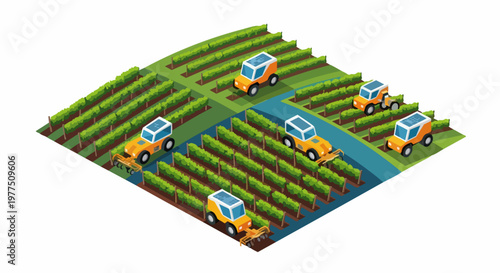 Isometric Smart Farming Illustration of Autonomous Solar-Powered Robots Working in a Vineyard for Precision Agriculture