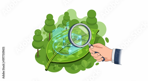 Green Technology and Environmental Research Concept with Magnifying Glass and Digital Interface on Leaf