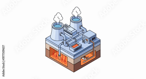 Isometric Geothermal Power Plant Illustration - Renewable Energy Generation from Underground Heat Extraction System on White Background