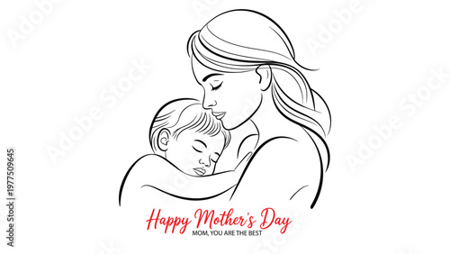 Happy mothers day line art illustration with mother holding baby expressing love care bonding parenting tenderness elegant minimal outline vector design