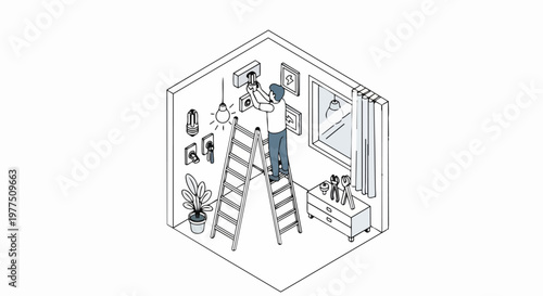 Isometric Illustration of a Man Repairing Electricity and Changing Light Bulbs on a Ladder in a Room - DIY Home Maintenance Concept