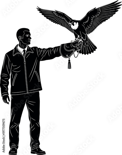 A striking black and white illustration depicts a falconer with a bird of prey in mid flight showcasing a traditional practice