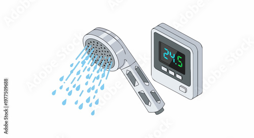 Smart Shower Head with Digital Temperature Control Panel Isometric Vector Illustration - Modern Bathroom Technology and Water Conservation Concept