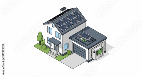 Isometric Illustration of a Modern Eco-Friendly House with Solar Panels and Energy Storage Battery System on White Background