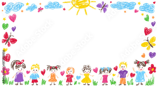 Kindergarten box border with frame crayon pastel and pencil text kid. Drawn shape drawing with heart cute child and childish day gift. Kids background kindergarten with chalk frame.