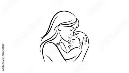 Mother and baby line art illustration expressing love care bonding parenting tenderness minimal elegant outline style vector design concept
