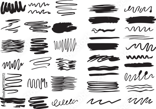 Black Marker Brush Strokes, Grunge Scribbles, Hatching Lines, and Abstract Wavy Patterns for Distressed Graphic Design,
