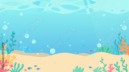 A serene underwater scene with sandy ocean floor and sea plants