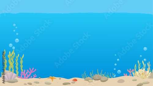 A vibrant underwater scene featuring coral reefs and marine life in a blue ocean setting