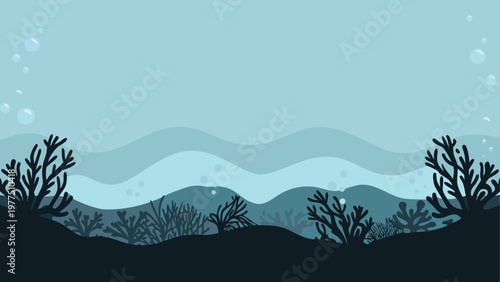 A serene underwater landscape with wavy terrain and coral formations