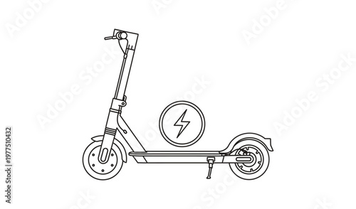 Black and white line drawing of an electric scooter with a lightning bolt on the battery isolated on white background