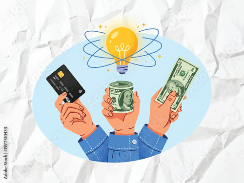 Person holding credit card cash and money with lightbulb idea for finance and economy concepts  representing wealth and financial planning