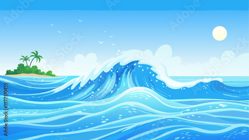 Serene coastal landscape with waves and a distant island under a clear sky