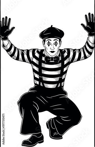 Vintage mime artist in black and white performing a classic invisible box routine with expressive hands and attire