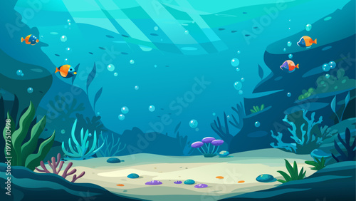 A vibrant underwater scene filled with colorful marine life and coral formations
