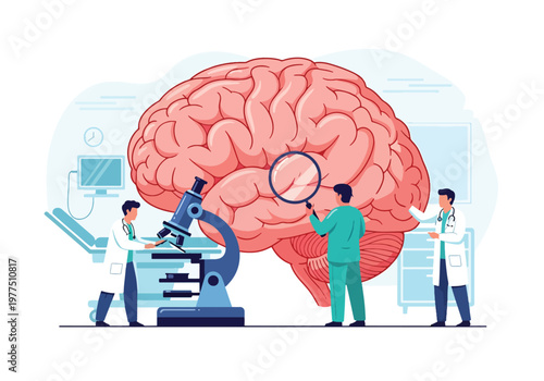 Flat style vector illustration of doctor and scientists analyzing human brain with magnifying glass and microscope, neuroscience research concept, cognitive study and medical innovation teamwork