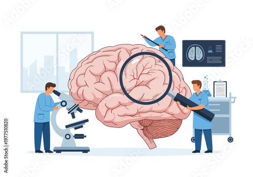 Flat style vector illustration of doctor and scientists analyzing human brain with magnifying glass and microscope, neuroscience research concept, cognitive study and medical innovation teamwork