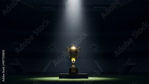 Golden Trophy Cup Under Bright Stadium Spotlight On Field