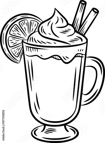 Foto Hand-drawn of a hot beverage with whipped cream, cinnamon sticks, and orange sli