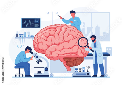 Flat style vector illustration of doctor and scientists analyzing human brain with magnifying glass and microscope, neuroscience research concept, cognitive study and medical innovation teamwork