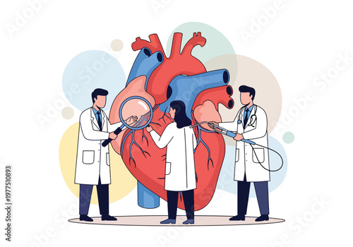 Flat style vector illustration of doctors examining human heart with magnifying glass, cardiology healthcare concept, cardiovascular diagnosis and medical research teamwork