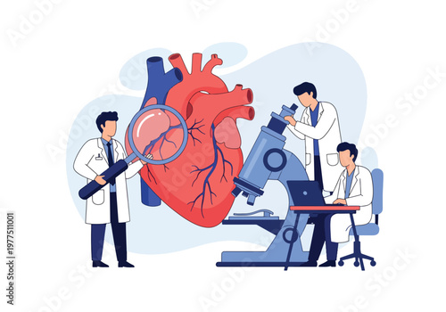 Flat style vector illustration of doctors examining human heart with magnifying glass, cardiology healthcare concept, cardiovascular diagnosis and medical research teamwork