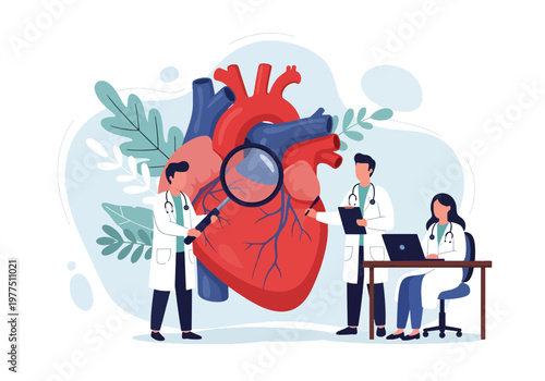 Flat style vector illustration of doctors examining human heart with magnifying glass, cardiology healthcare concept, cardiovascular diagnosis and medical research teamwork