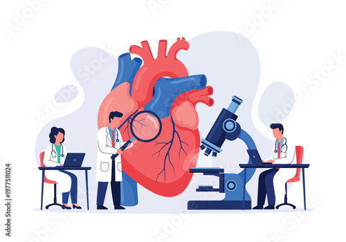 Flat style vector illustration of doctors examining human heart with magnifying glass, cardiology healthcare concept, cardiovascular diagnosis and medical research teamwork