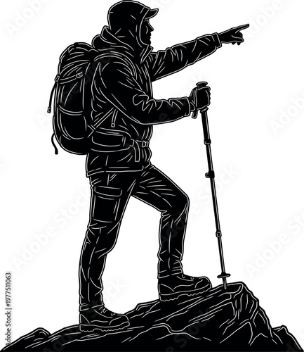 Silhouette of a hiker with backpack and walking stick pointing forward on a rocky terrain