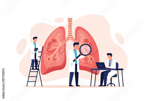 Flat style vector illustration of doctors analyzing human lungs with magnifier, respiratory health concept, pulmonary diagnosis and medical research teamwork