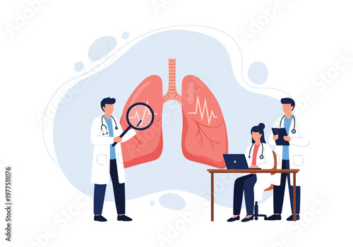 Flat style vector illustration of doctors analyzing human lungs with magnifier, respiratory health concept, pulmonary diagnosis and medical research teamwork