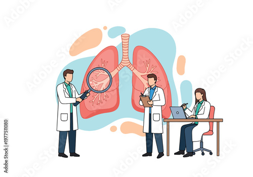Flat style vector illustration of doctors analyzing human lungs with magnifier, respiratory health concept, pulmonary diagnosis and medical research teamwork