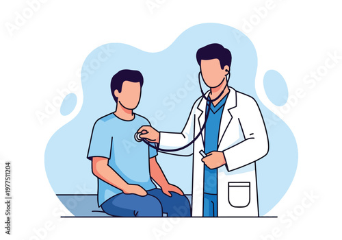 Flat style vector illustration of doctor using stethoscope to examine patient, medical checkup concept, healthcare consultation and routine physical examination scene