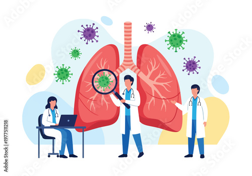 Flat style vector illustration of doctors analyzing human lungs with magnifier, respiratory health concept, pulmonary diagnosis and medical research teamwork