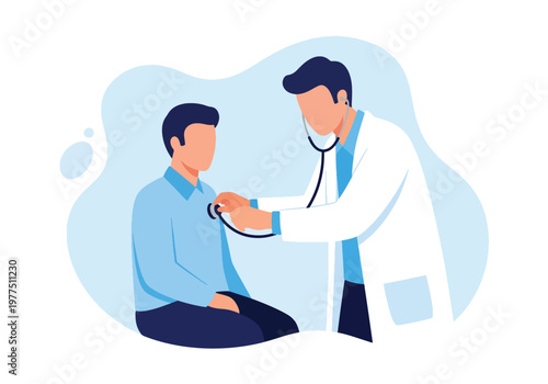 Flat style vector illustration of doctor using stethoscope to examine patient, medical checkup concept, healthcare consultation and routine physical examination scene