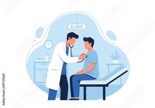 Flat style vector illustration of doctor using stethoscope to examine patient, medical checkup concept, healthcare consultation and routine physical examination scene